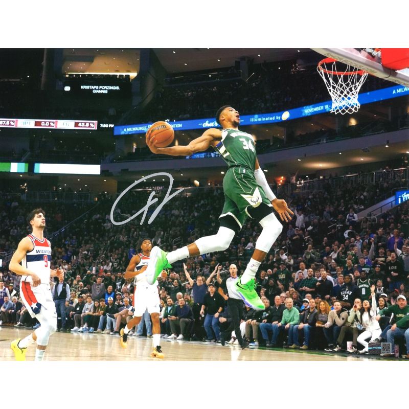 Giannis Antetokounmpo Milwaukee Bucks Autographed Signed 11x14 Dunking Photograph (CX Auth)