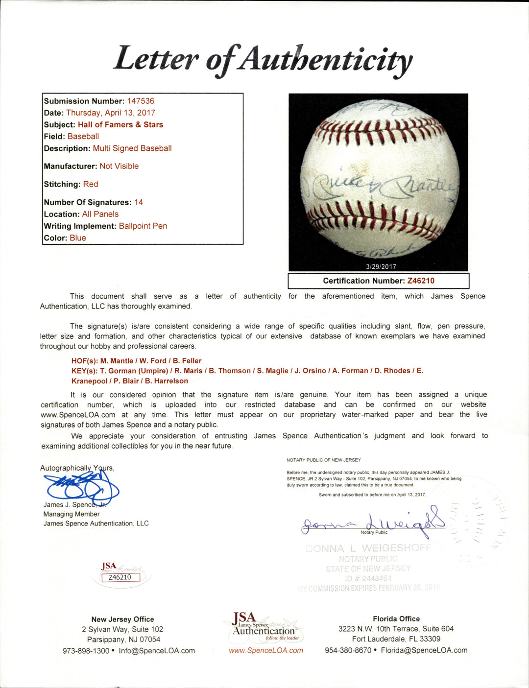 Mickey Mantle, Ford, Feller, Harrelson Multi Signed Hall of Famers and Stars Ball (JSA LOA)