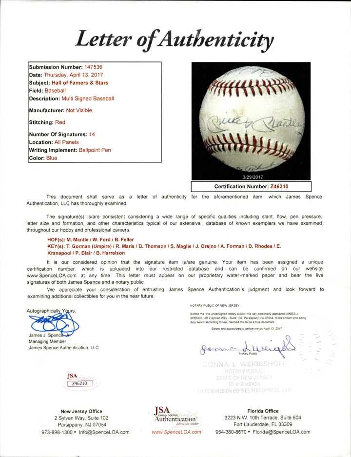 Mickey Mantle, Ford, Feller, Harrelson Multi Signed Hall of Famers and Stars Ball (JSA LOA)